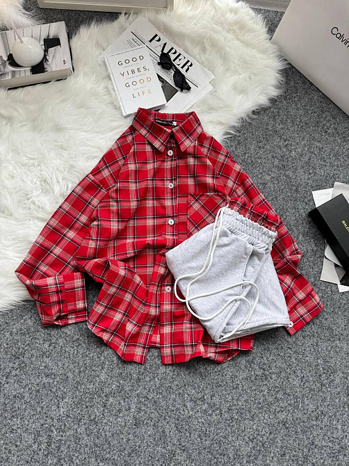 Женский повседневный костюм двойка: рубашка в клетку и штаны фланель + двунитка. Красный, 42/46 Одесса - изображение 7