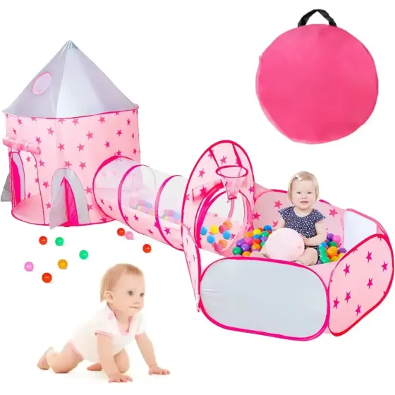 Детский игровой домик-палатка "Замок" 3в1 с туннелем и бассейном под шарики розовая Коломыя