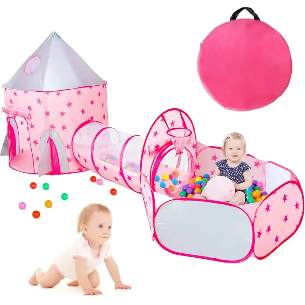 Детский игровой домик-палатка "Замок" 3в1 с туннелем и бассейном под шарики розовая Коломия - фото 3