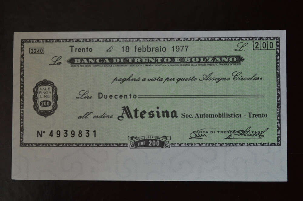 Чек. Італія 200 Лір 1977год (ЧК-1) ЛОТ 17 Полтава - фото 1