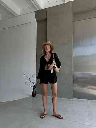 Жіночий літній костюм-трійка: сорочка топ і шорти креп жатка Чорний, 44/46 Одеса