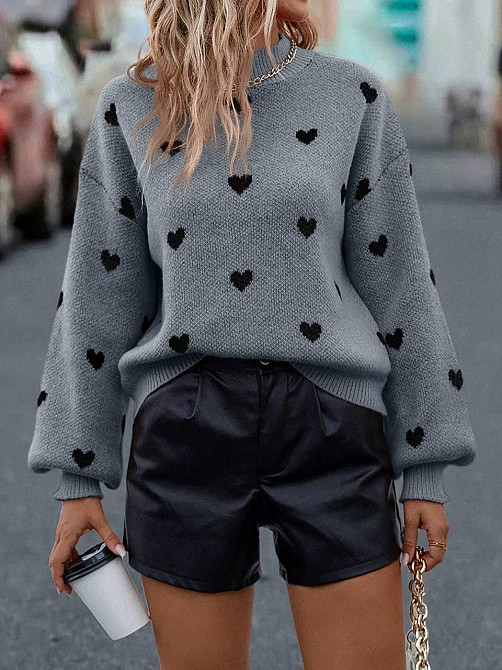 Женский стильный повседневный свитер с сердцами Акрил/ шерсть серо-черный Одесса - изображение 2