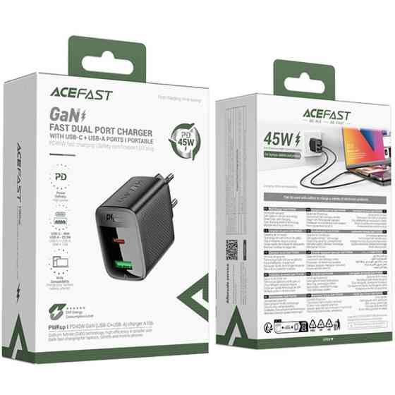 Зарядний пристрій 2xUSB 45W (USB-C+USB-A) Gan A106 Black Acefast Винница