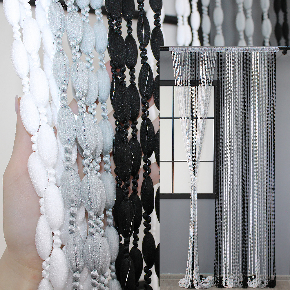 Шторы-нити Шинил с люрексом 300х300 см Белый с серо-черным (61-041) Киев - изображение 1