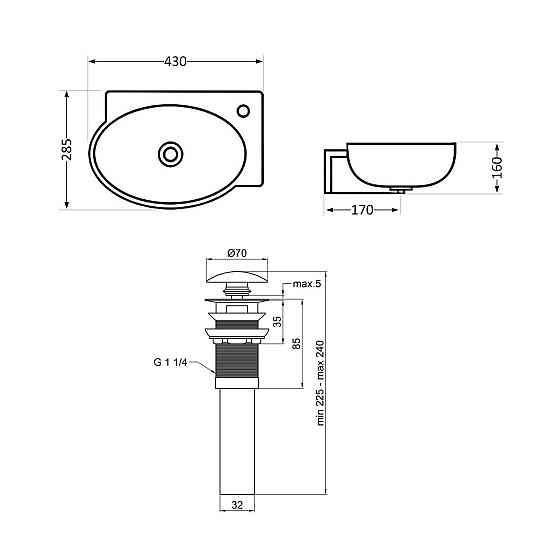 Комплект Qtap Leo: Раковина подвесная овальная правая 430x285x160 мм White + Донный клапан PU02O Киев