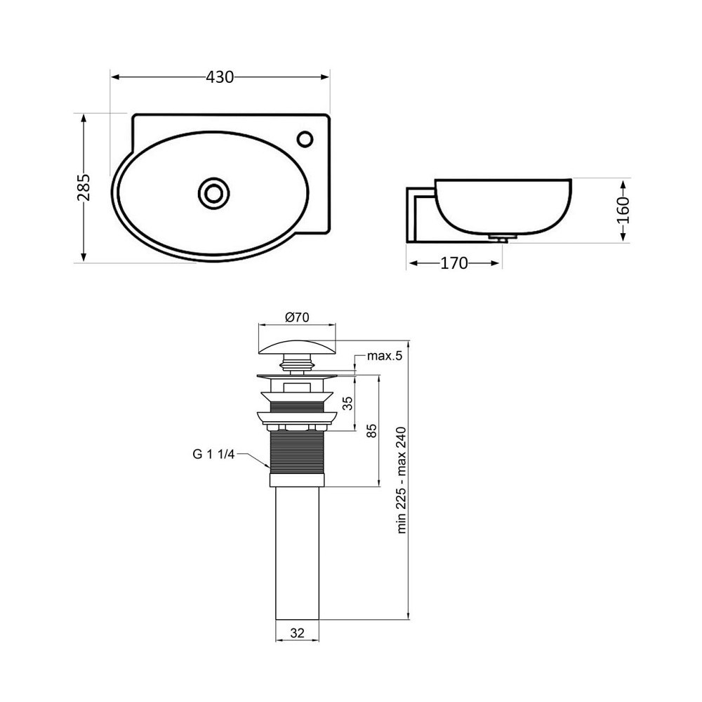 Комплект Qtap Leo: Раковина подвесная овальная правая 430x285x160 мм White + Донный клапан PU02O Киев - изображение 2