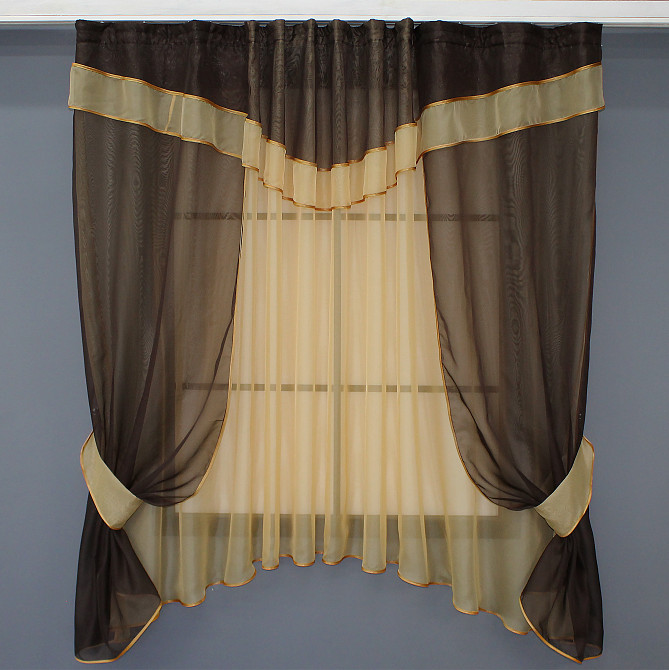 Кухонний комплект VR-Textil № 058к шторки і тюль з ламбрекеном венге з бурштиновим 270х170 см (50-187) Київ - фото 1