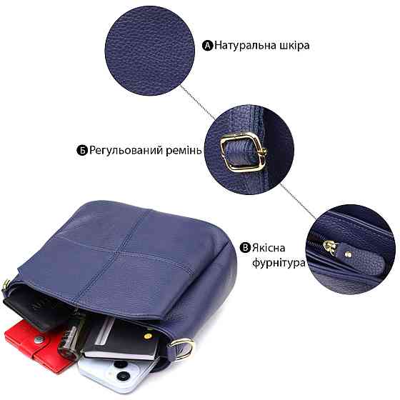 Жіноча сумка з натуральної шкіри з трьома відділеннями Vintage 22976 Синій Київ