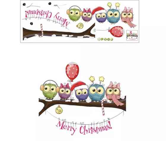 Новорічні наклейки сови на гілці - розмір стікера 25*70см, силікон Київ