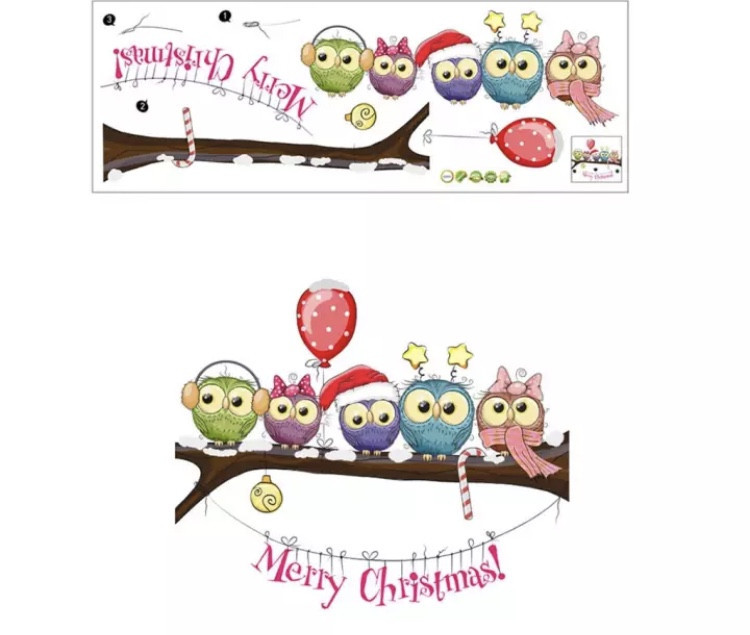 Новорічні наклейки сови на гілці - розмір стікера 25*70см, силікон Київ - фото 2