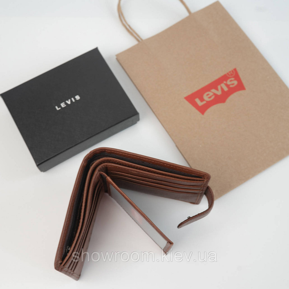 Чоловічий шкіряний гаманець на кнопці Levis (2081) brown Київ - фото 3