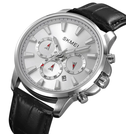 Чоловічий наручний годинник Skmei 2071 з ремінцем з еко-шкіри (Сріблястий) Київ