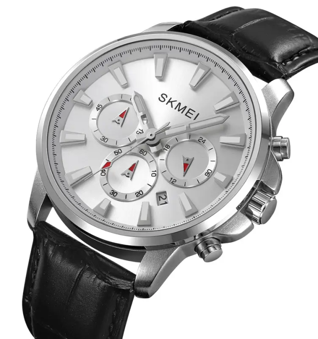 Чоловічий наручний годинник Skmei 2071 з ремінцем з еко-шкіри (Сріблястий) Київ - фото 2