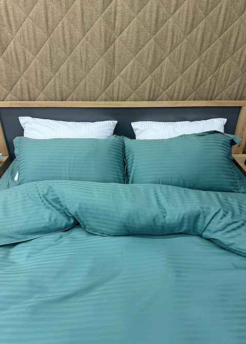 Комплект постільної білизни Страйп-сатин Двоспальний 180х220 з простирадлом на резинці Лазурний (88-187) Київ - фото 5