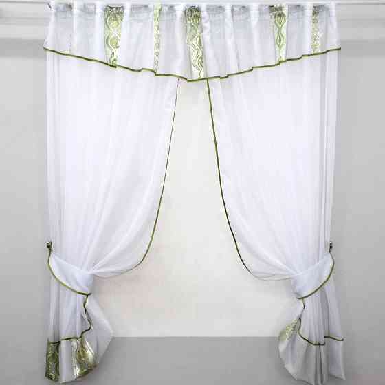 Кухонные шторы VR-Textil № 085к с ламбрекеном и подхватами белый с салатовым 300х170 см (59-788) Киев