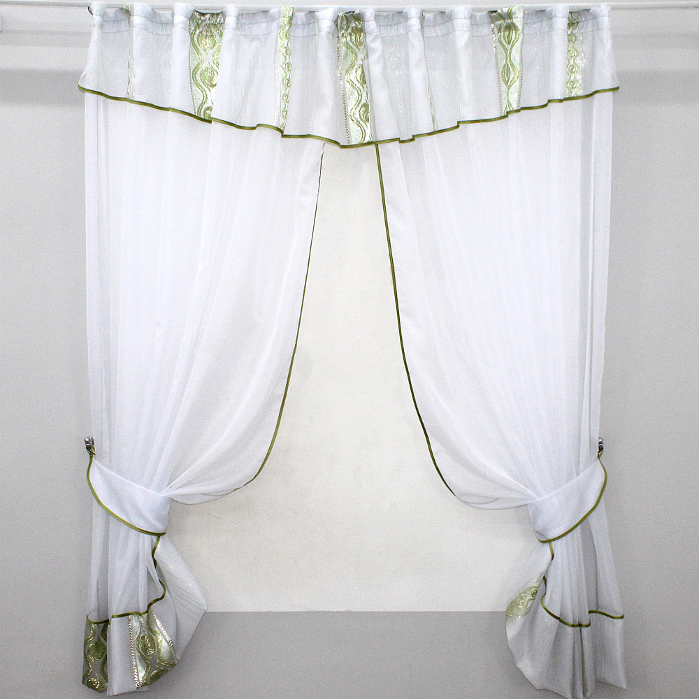 Кухонные шторы VR-Textil № 085к с ламбрекеном и подхватами белый с салатовым 300х170 см (59-788) Киев - изображение 1