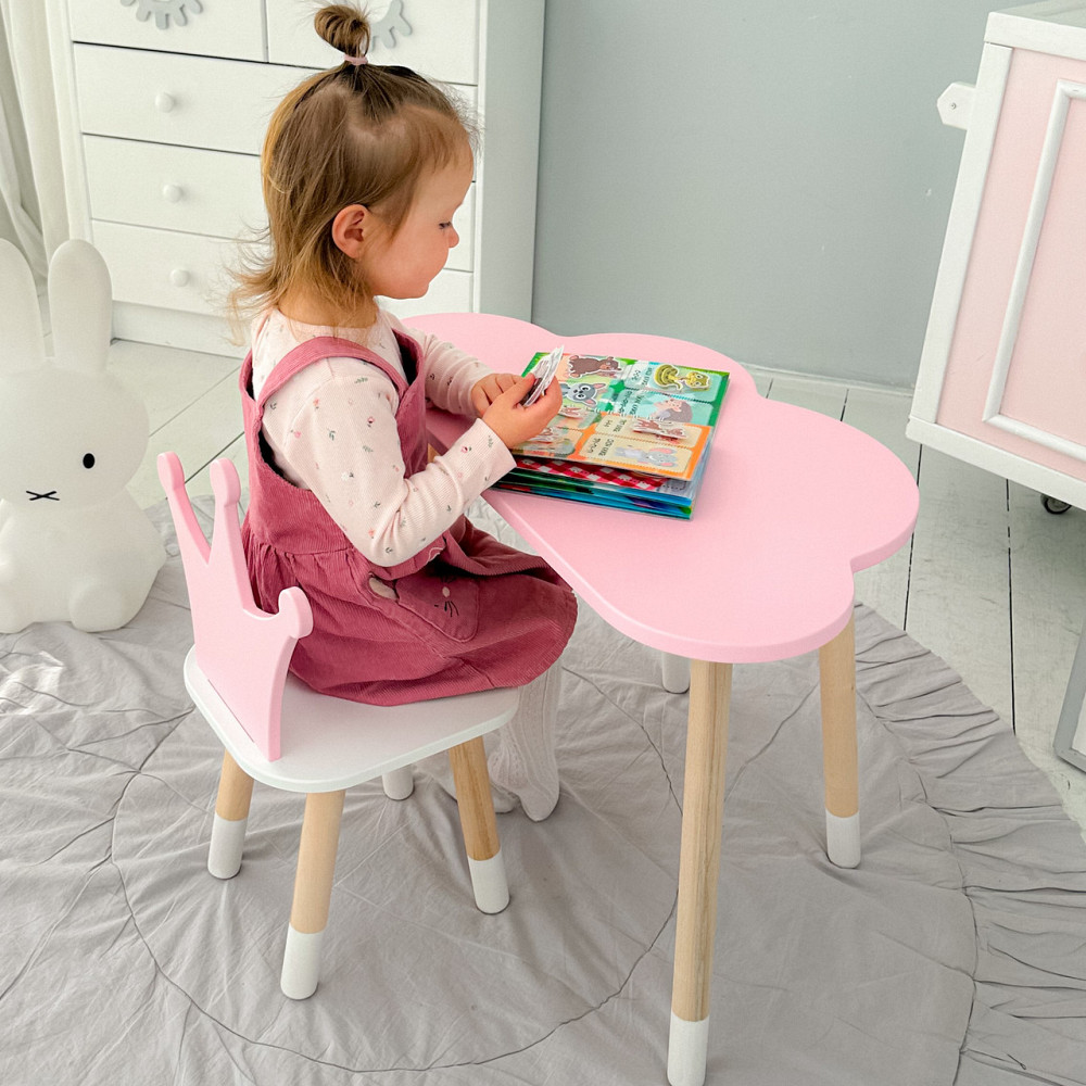 Функціональний дитячий комплект дерев'яний столик з ящиком та ергономічний стільчик Стіл хмарка та стілець дитячий корона Київ - фото 10