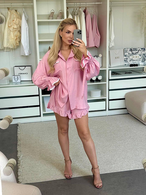 Жіночий літній костюм-двійка: сорочка та шорти з рюшами льон Барбі Одеса - фото 3