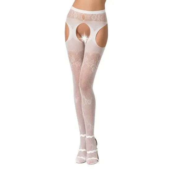Сексуальні колготки-бодістокінги Passion S022 One Size, White, імітація панчіх і пояса з гартерами Львів