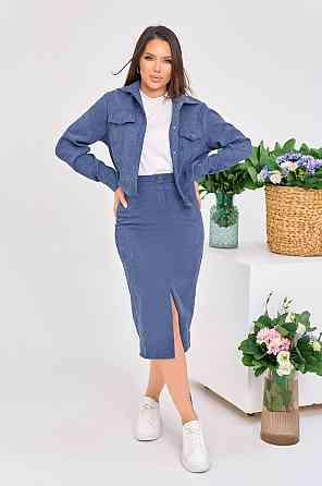 Жіночий стильний костюм-двійка: жакет і спідниця мікровельвет Джинс, 44 Одеса