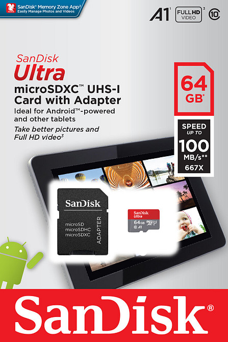 microSDXC (UHS-1) SanDisk Ultra 64Gb class 10 A1 (100Mb/s, 667x) (adapter SD) Киев - изображение 2