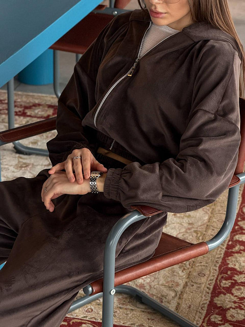 Женский повседневный велюровый костюм двойка: кофта и штаны плотный турецкий велюр Шоколадный, 42/46 Одесса - изображение 5