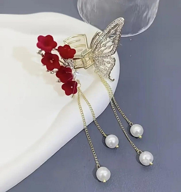 Заколка-краб «Бабочка и бордовые цветы» с жемчужными подвесками Киев - изображение 3