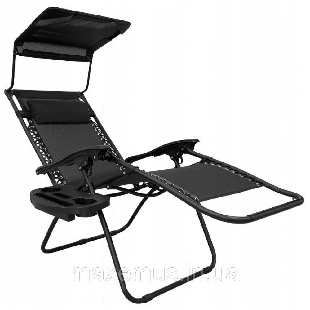Шезлонг лежак раскладной с козырьком садовое кресло Bonro SP-167A для сада и дома отдыха на природе черный Мостиська - фото 1