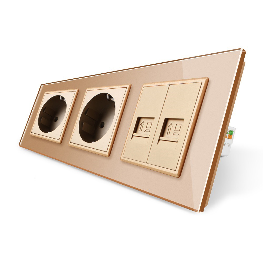 LIVOLO Розетка тримісна комбінована Силова 2 Інтернет Livolo золотий скло (VL-C7C2EU2CK0-13) Коломия - фото 1