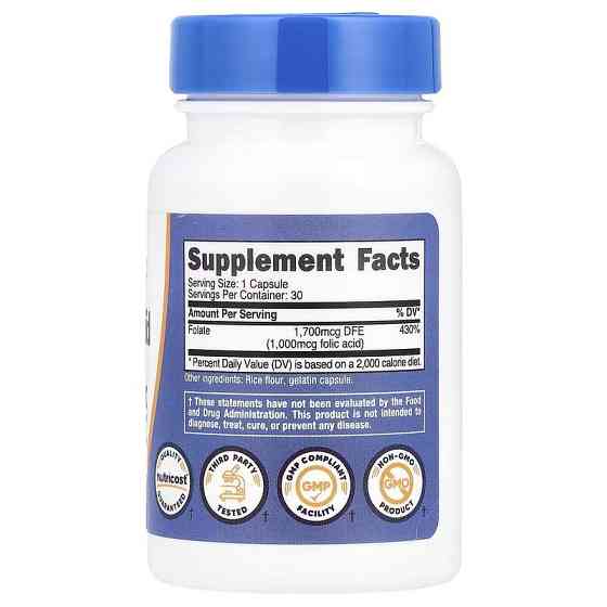 Фолиевая кислота Nutricost Folic Acid, 1,000 mcg, 30 Capsules Луцк