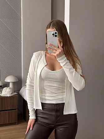 Женский базовый повседневный комплект из майки и кофты трикотаж рубчик Молочный, 42/44 Одесса