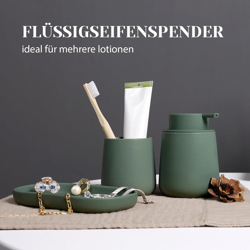 Набір аксесуарів для ванної 3 шт дозатор для мила 350 мл, стакан для щіток 320 мл, підставка для прикрас, зелений, кераміка Київ - фото 6