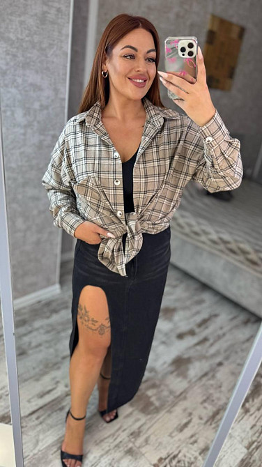 Женская оверсайз рубашка в клетку турецкая фланель Беж, 50/56 Одесса - изображение 4