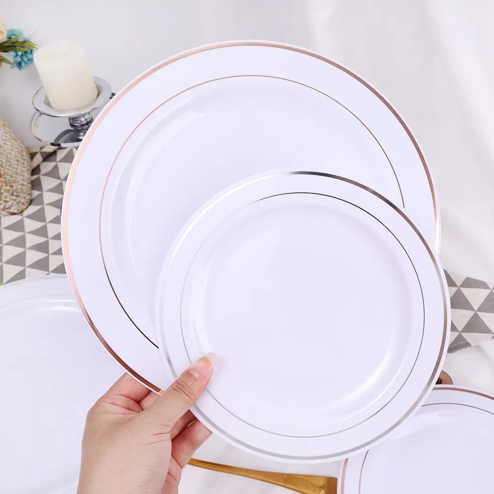 Набір тарілок пластикових 12 шт, десертні 19 см і обідні 26 см, круглі, білі рожево-золотистий візерунок Кам'янець-Подільський - фото 8