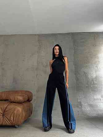 Женские стильные комбинированные брюки палаццо с лампасами плотный джинс + трехнитка петля пенье 46/48 Одесса