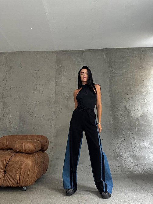 Женские стильные комбинированные брюки палаццо с лампасами плотный джинс + трехнитка петля пенье 46/48 Одесса - изображение 5