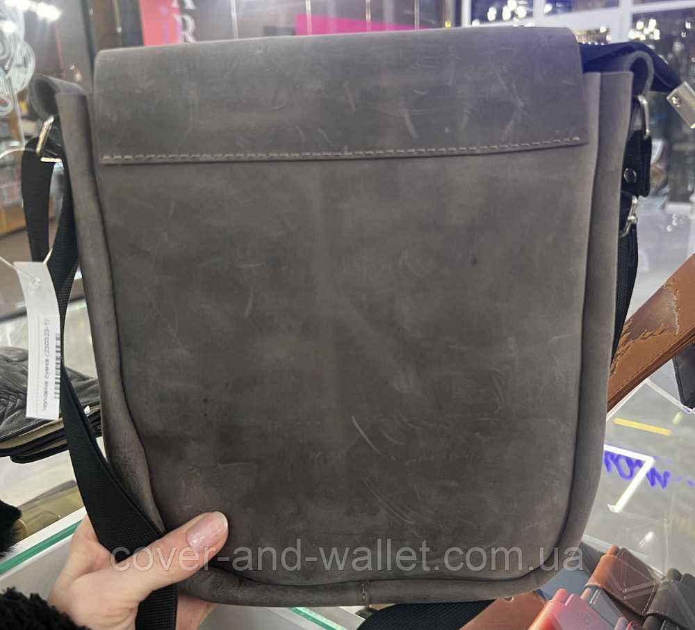 Стильная мужская сумка через плечо из винтажной кожи серого цвета PS Leather Киев - изображение 7