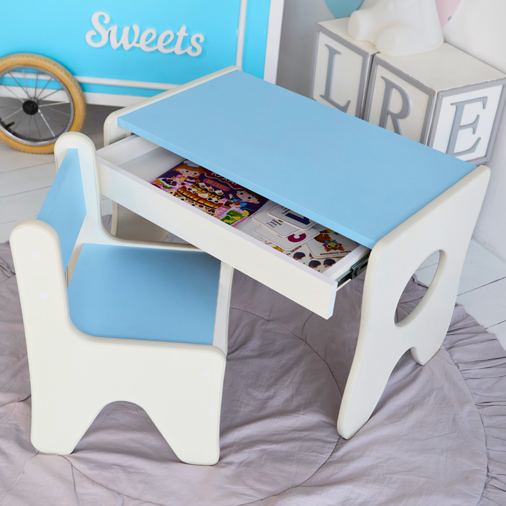 Удобный столик в детскую комнату 70×45×51, детский игральный стол с ящиком, белый с голубым Киев - изображение 6