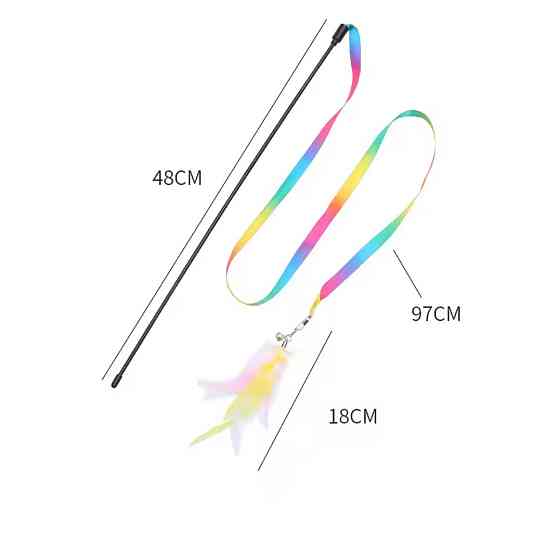 Игрушка для котов палочка с лентой и перьям с колокольчиком 48 см разноцветный Киев