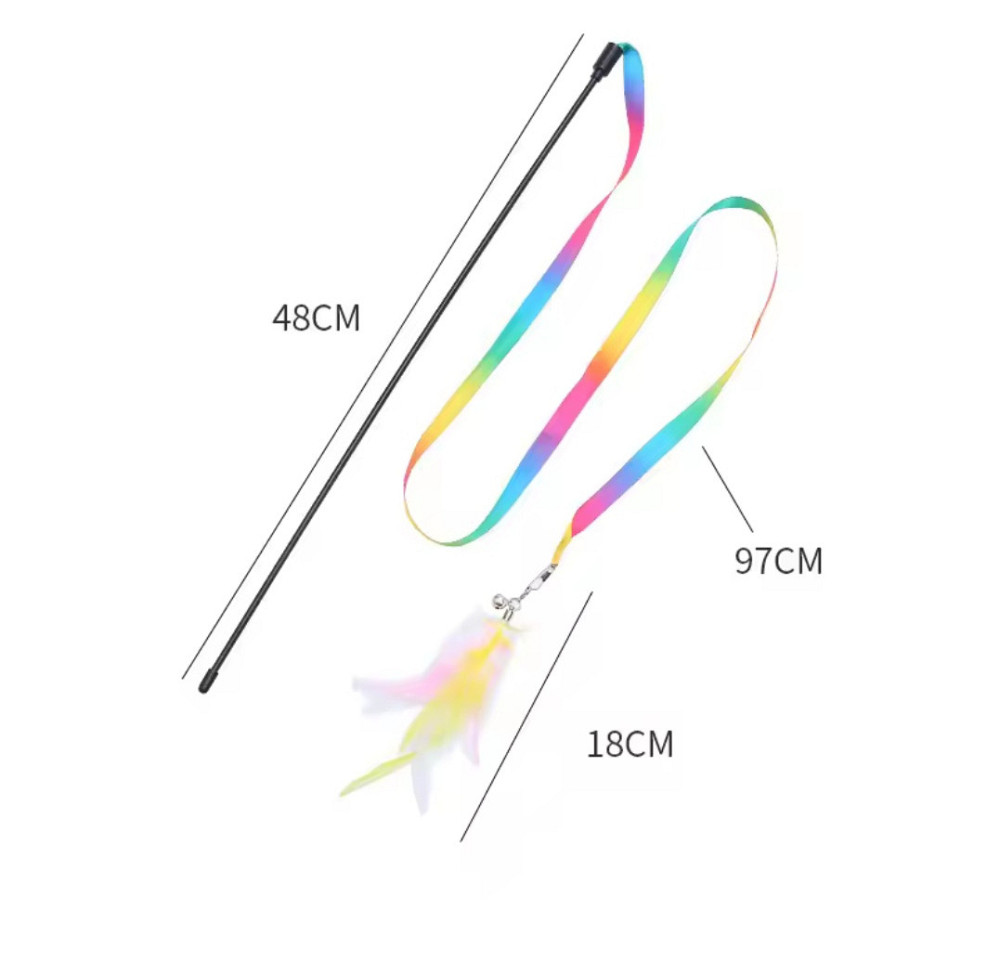 Игрушка для котов палочка с лентой и перьям с колокольчиком 48 см разноцветный Киев - изображение 2