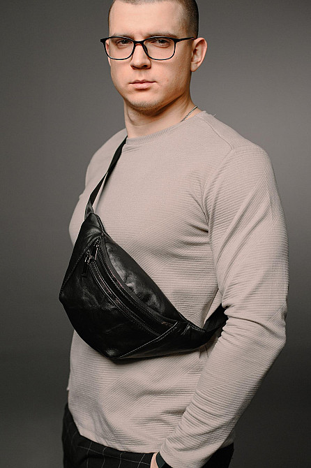 Чоловіча сумка-бананка на пояс з натуральної шкіри ST004 (Чорна) Суми - фото 7