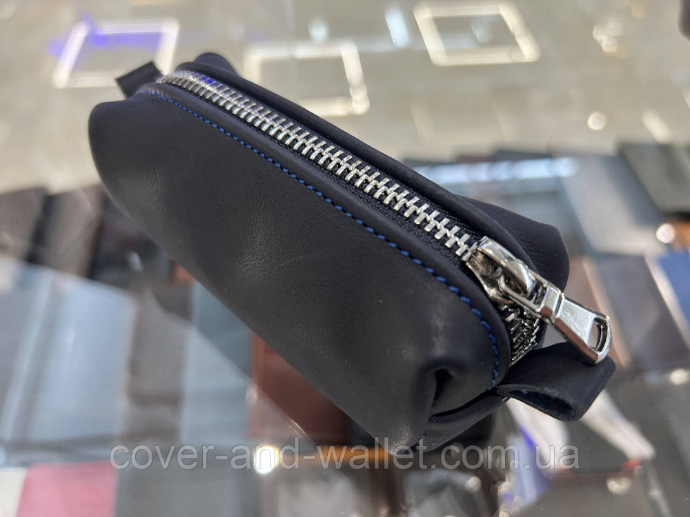 Містка ключниця бочка на блискавці з м'якої шкіри синього кольору PS Leather Київ - фото 1