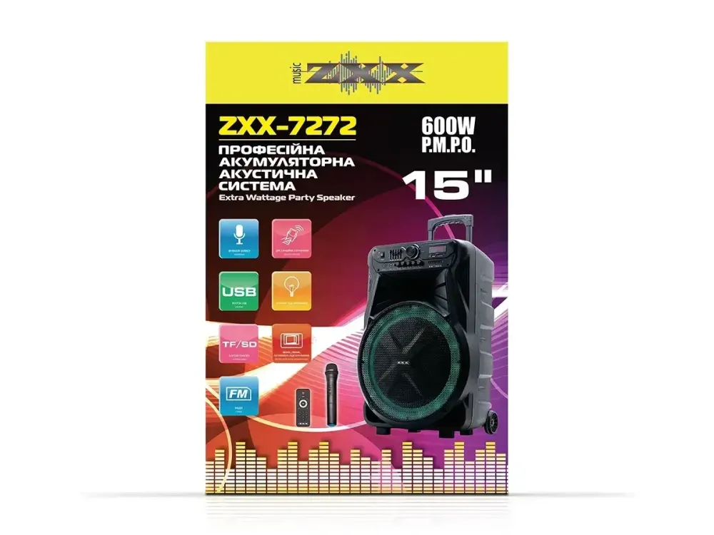 Акустична переносна колонка ZXX-7272 600Вт 15" 66х45х31см TWS/USB/SD/FM/BT/MIC/ДК Одеса - фото 2