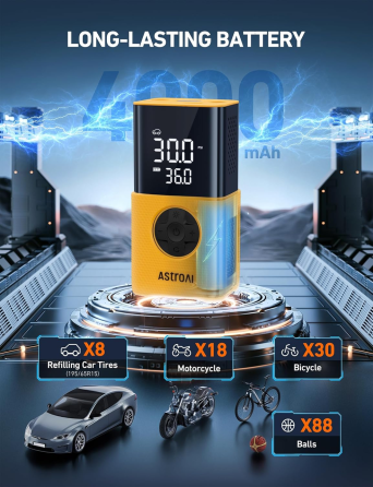 Портативный компрессор AstroAI L7S 150 PSI, 4000 мАч, цифровой манометр, автостоп, LED, 5 режимов, желтый Киев