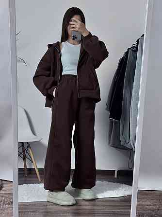 Женский теплый оверсайз костюм: кофта и штаны трехнить флис Черный Одесса