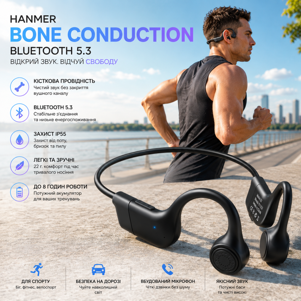Навушники Hanmer Bone Conduction Bluetooth 5.3, бездротові спортивні навушники відкритого типу, кісткова провідність, IP55, чорні Київ - фото 7