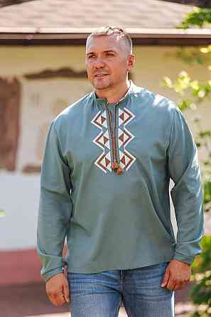 Вышиванка льняная мужская, длинный рукав, цвет полынь, топ Киев