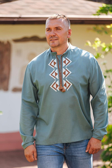Вышиванка льняная мужская, длинный рукав, цвет полынь, топ Киев - изображение 3