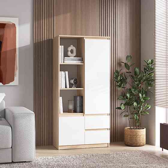Шафа для книг VAYS R-26 Дуб Сонома-Білий фасад, пенал з полицями та шухлядами, ЛДСП, 80×40×170 см - для дому, офісу, вітальні Львів