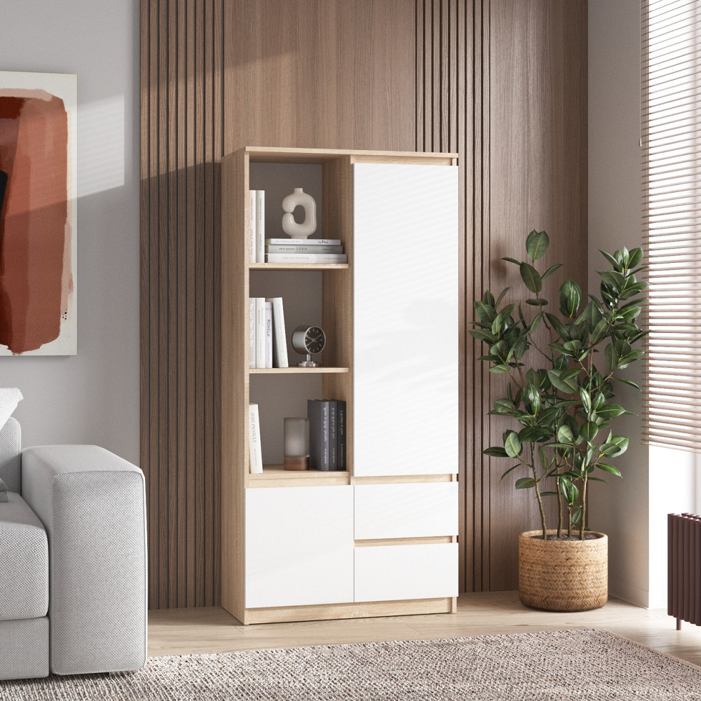 Шафа для книг VAYS R-26 Дуб Сонома-Білий фасад, пенал з полицями та шухлядами, ЛДСП, 80×40×170 см - для дому, офісу, вітальні Львів - фото 1